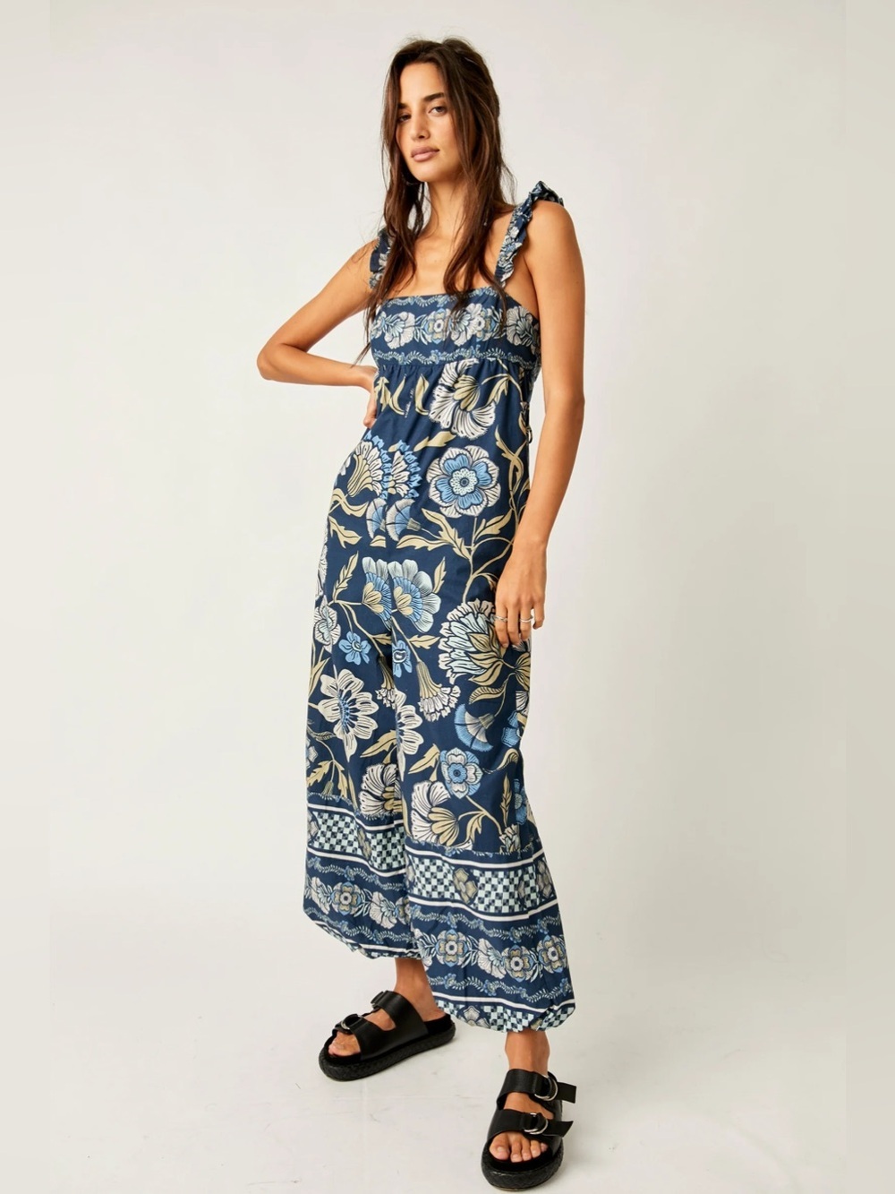 Free People Blue Floral Wide Leg Jumpsuit Open Back Ruffle Cotton Boho S Palazzo